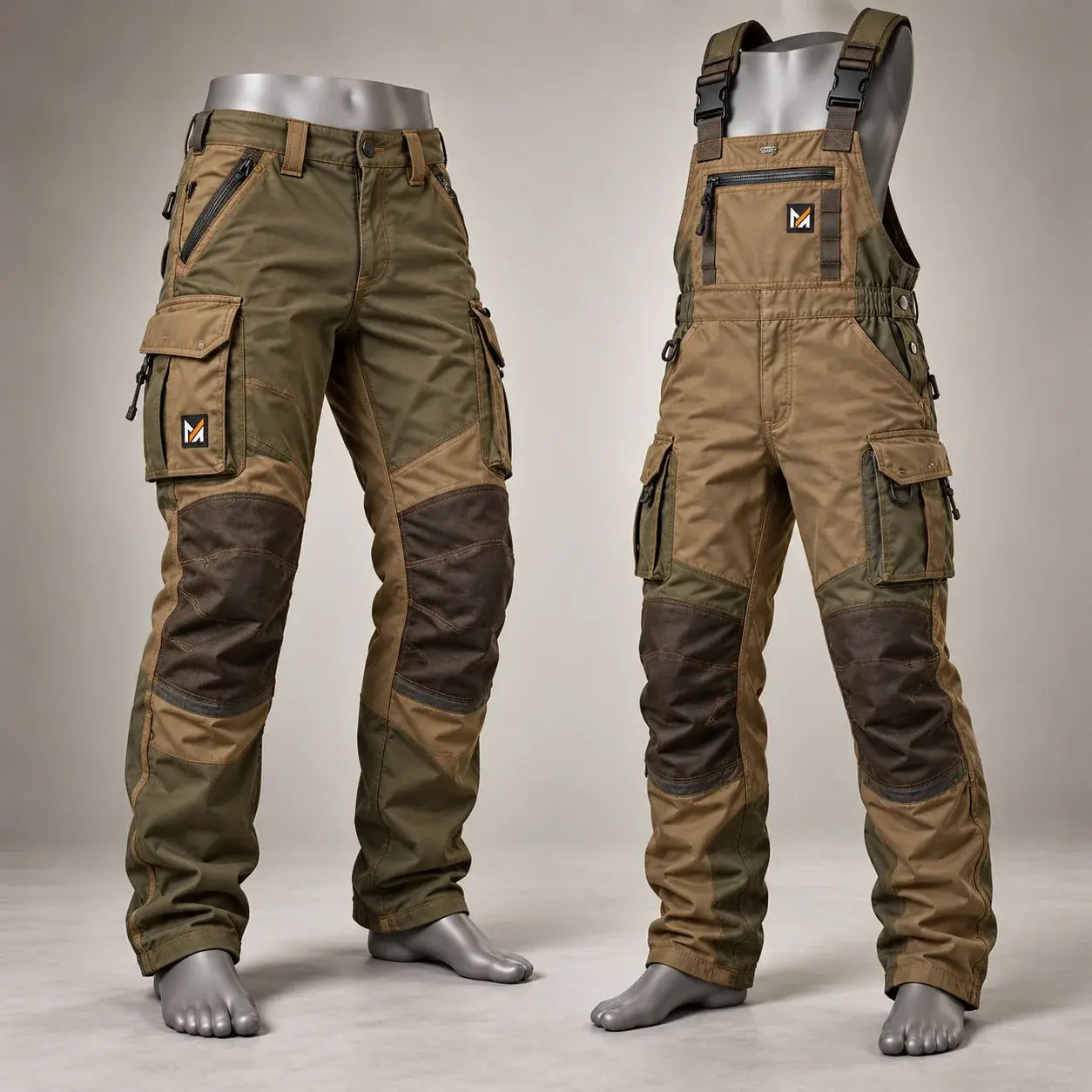 Rugged hunting pants and bib overalls in tan, olive, and brown with reinforced knees, cargo pockets, adjustable straps, and visible Mega Apparel logo patches displayed on mannequins.